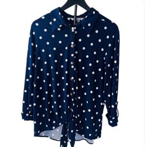 Nygard Polka Dot Button Down Women 2X Navy Blue Tie Front Roll Tab Blouse